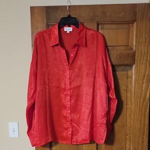 Red Satin Button-Up Shirt-NWT
